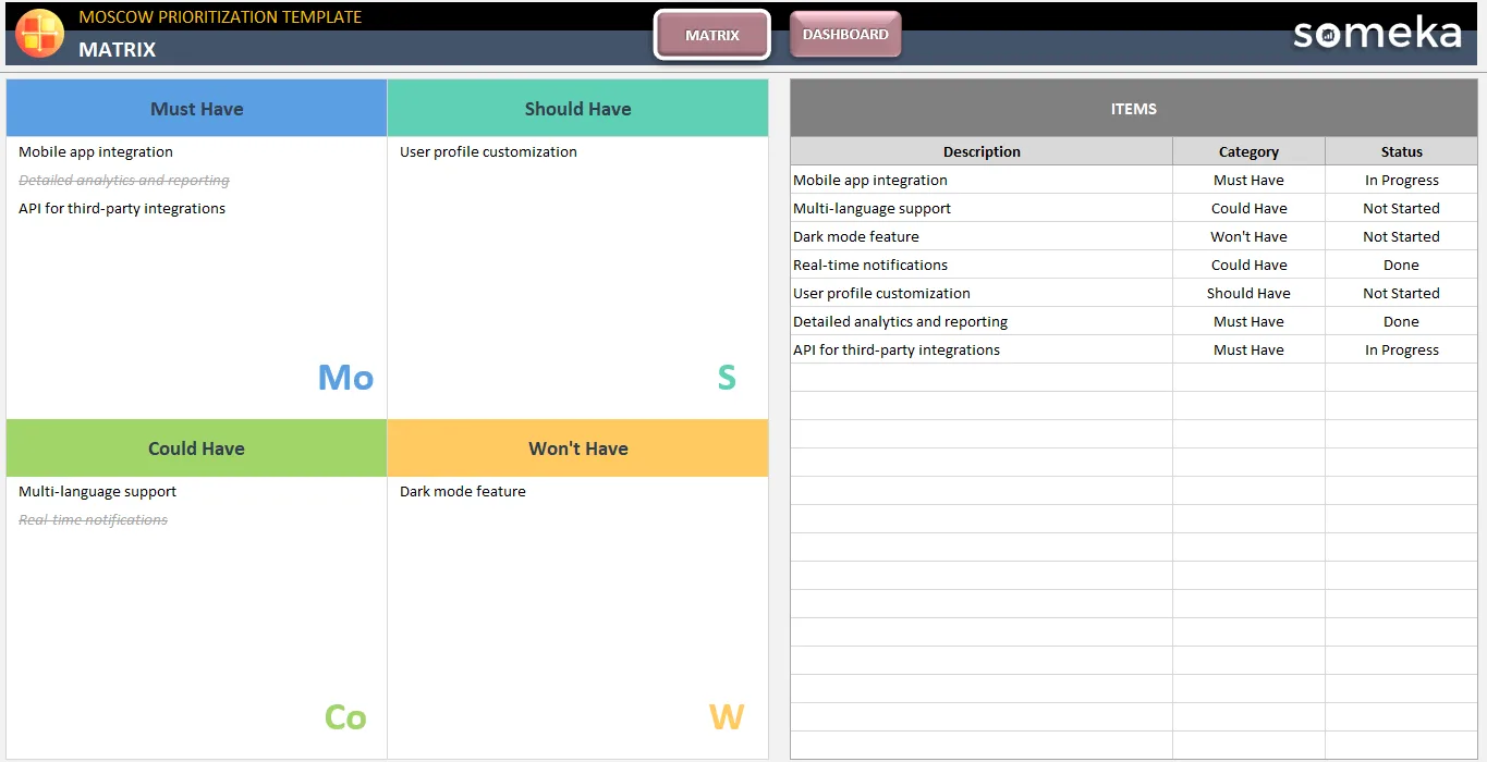 MOSCOW Prioritization Template in Excel